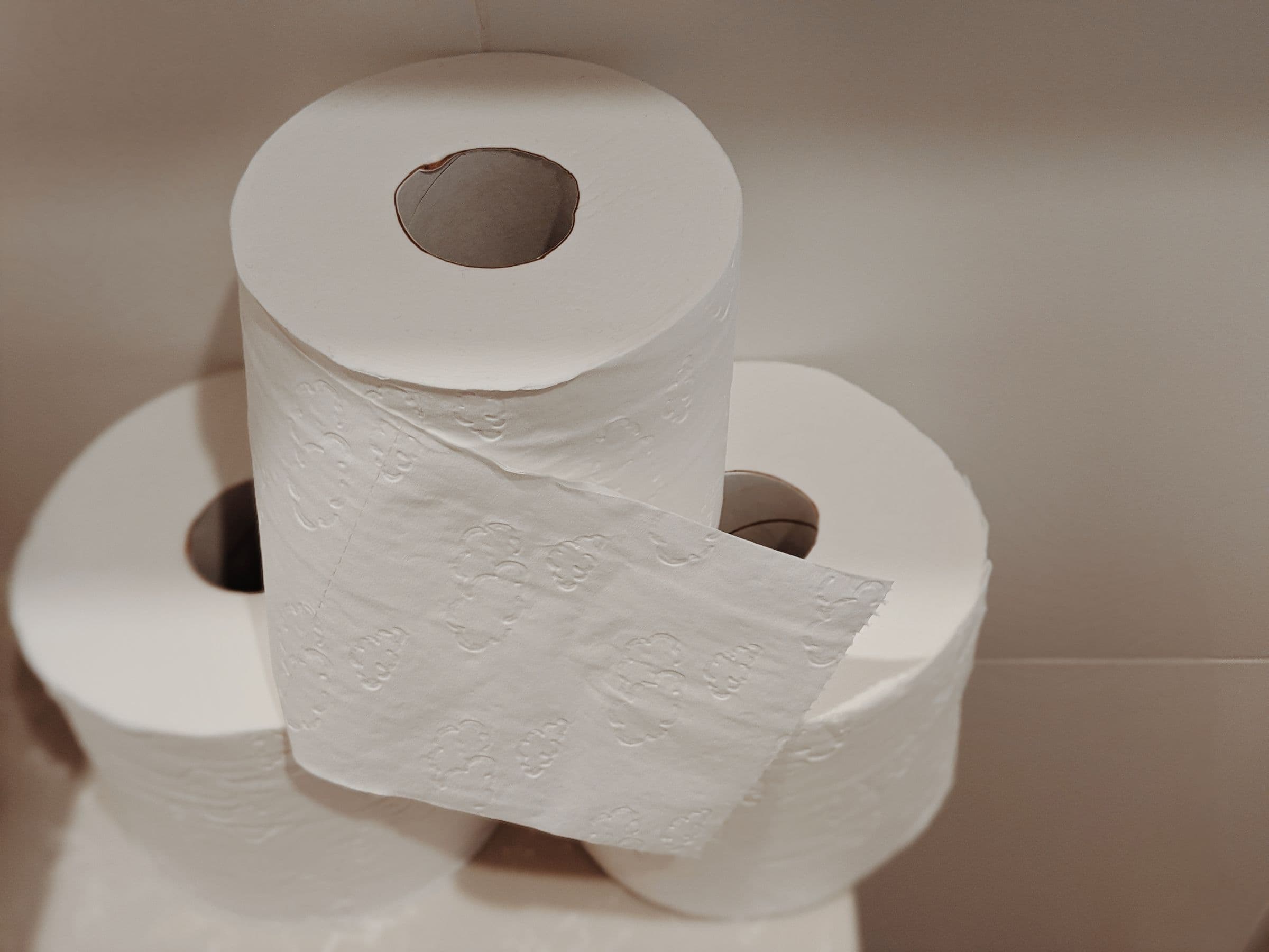 A stack of white toilet tissue rolls.