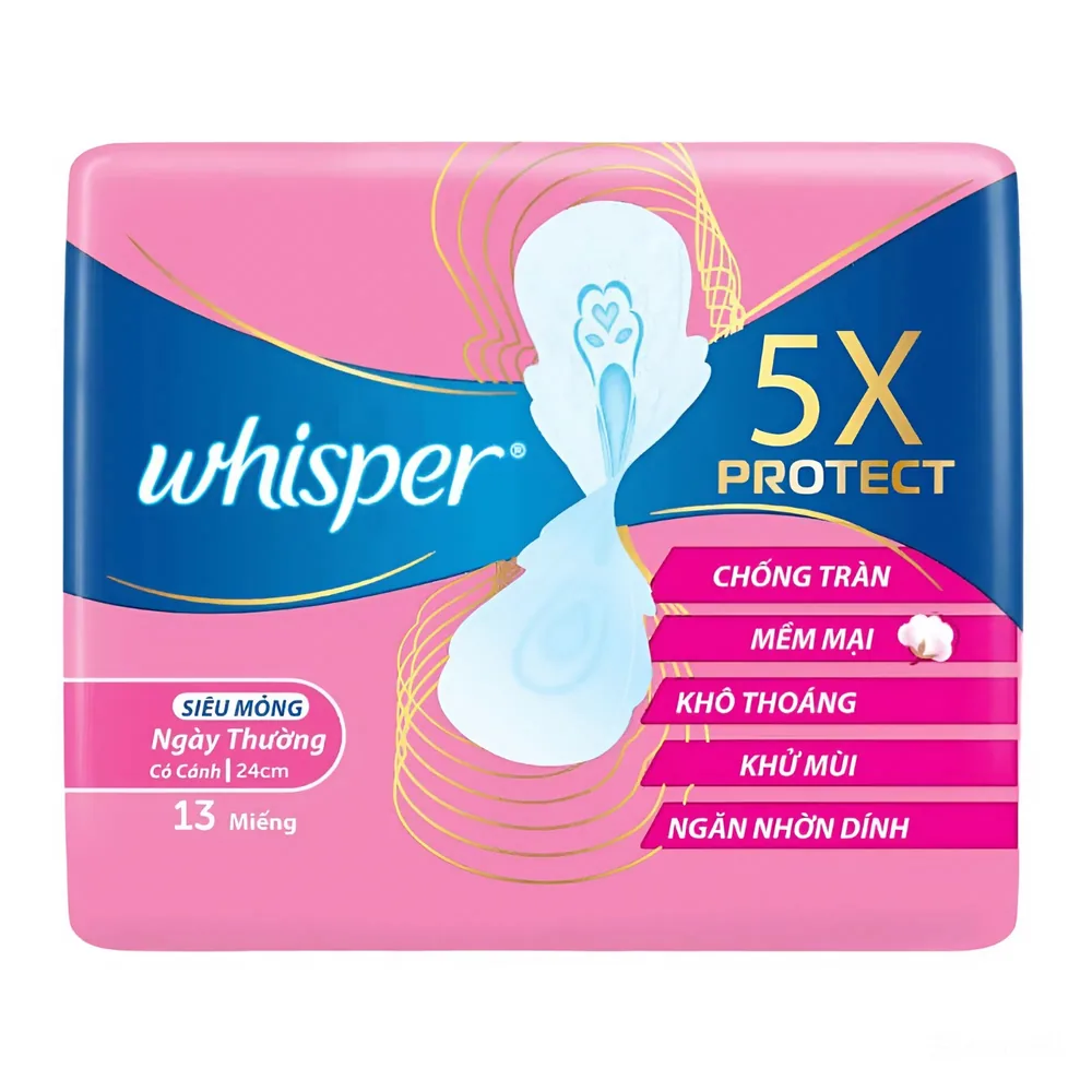 Whisper Sanitary Pad 5X Protect Ultra Thin 24cm 13 Pieces 13s
